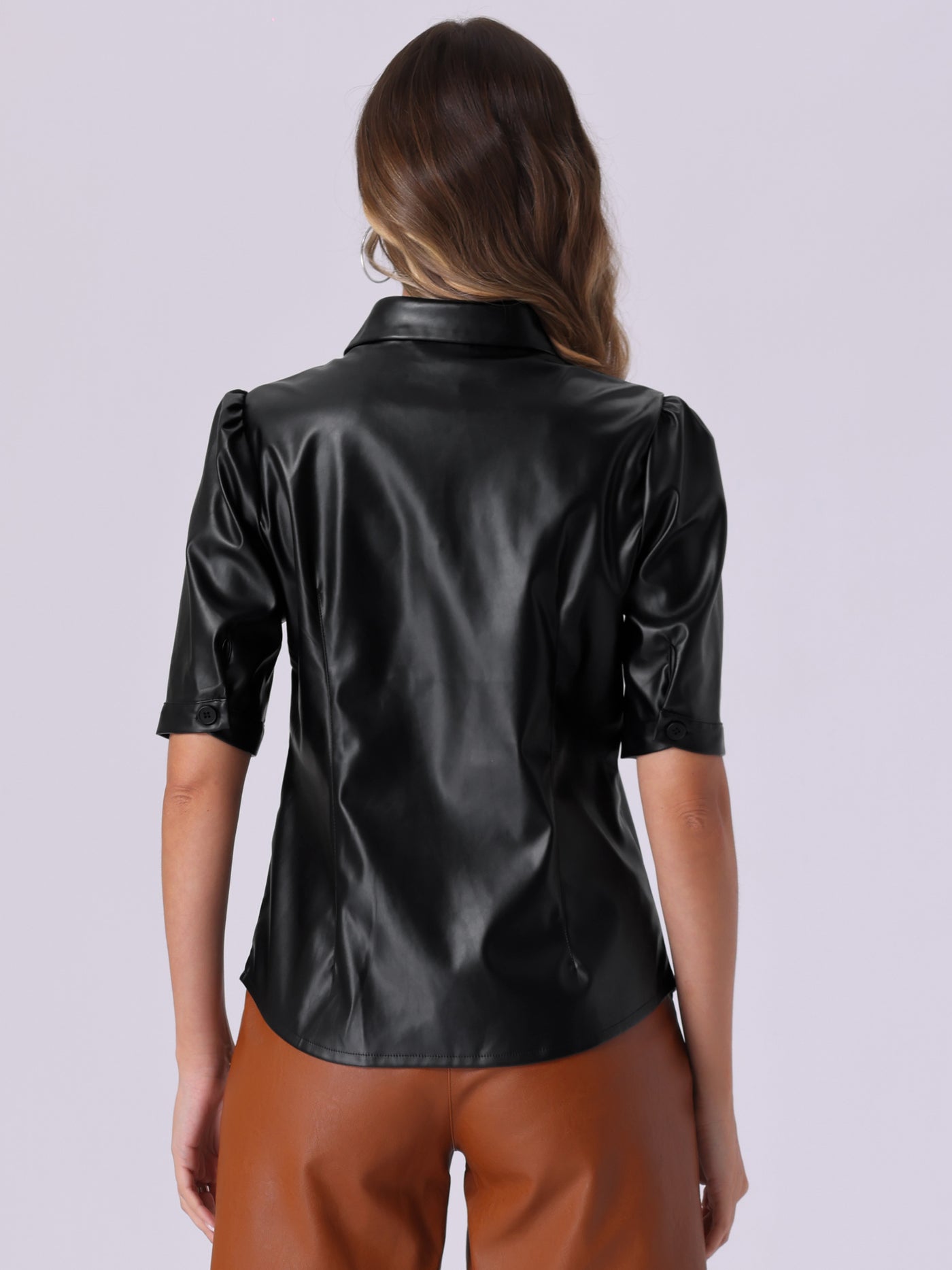 Allegra K PU Faux Leather Button Down Puff Sleeve Shirt