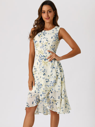 Ruffle High Low Hem Round Neck Sleeveless Floral Midi Dress