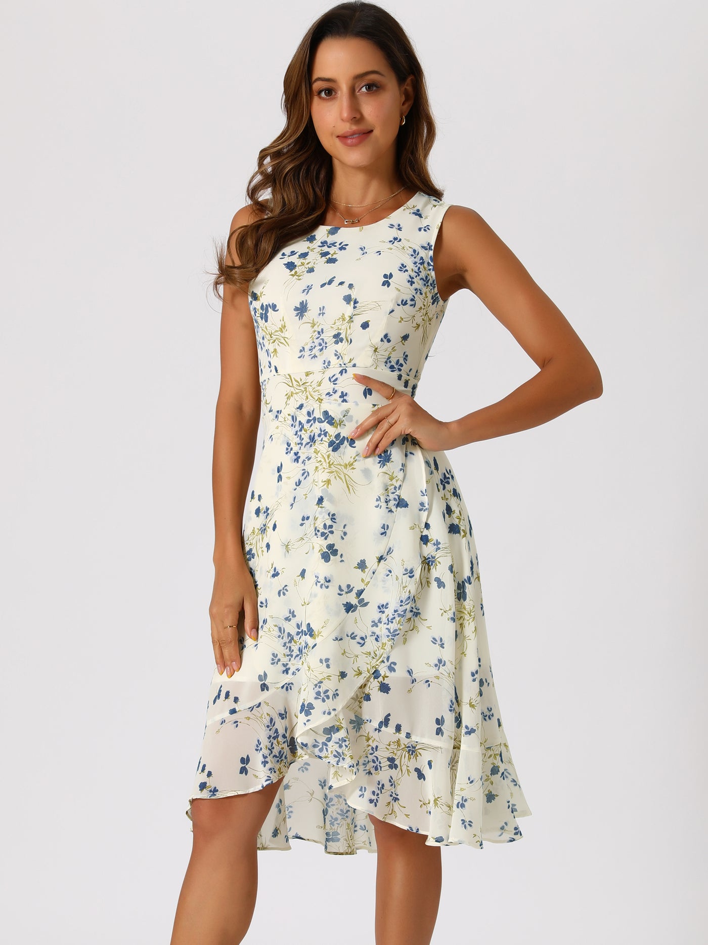 Allegra K Ruffle High Low Hem Round Neck Sleeveless Floral Midi Dress