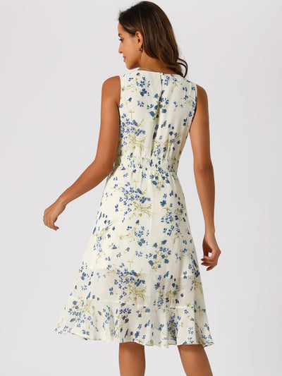 Ruffle High Low Hem Round Neck Sleeveless Floral Midi Dress