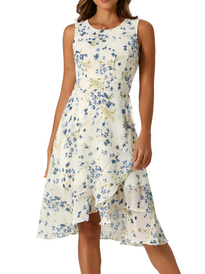 Ruffle High Low Hem Round Neck Sleeveless Floral Midi Dress