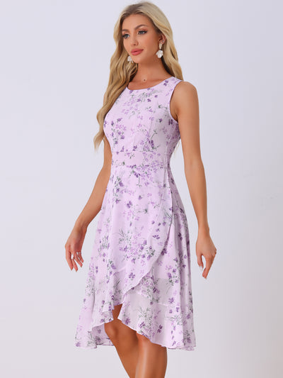 Ruffle High Low Hem Round Neck Sleeveless Floral Midi Dress