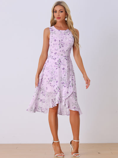 Ruffle High Low Hem Round Neck Sleeveless Floral Midi Dress