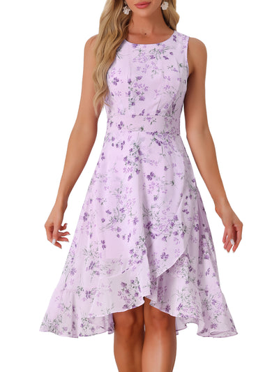 Ruffle High Low Hem Round Neck Sleeveless Floral Midi Dress