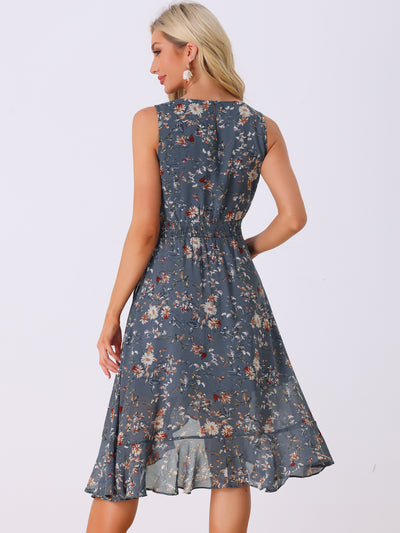 Ruffle High Low Hem Round Neck Sleeveless Floral Midi Dress