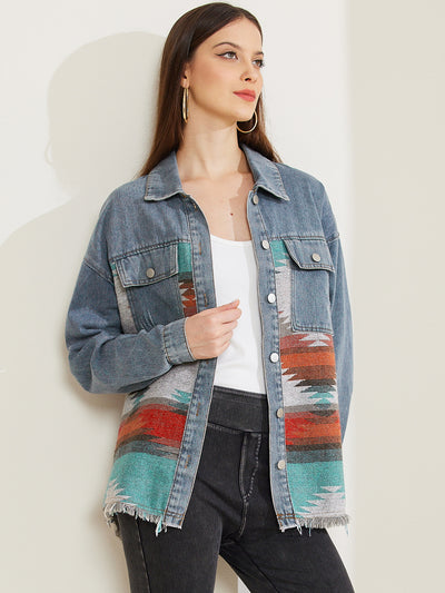 Aztec Ethnic Patchwork Denim Long Sleeve Vintage Shacket Jacket