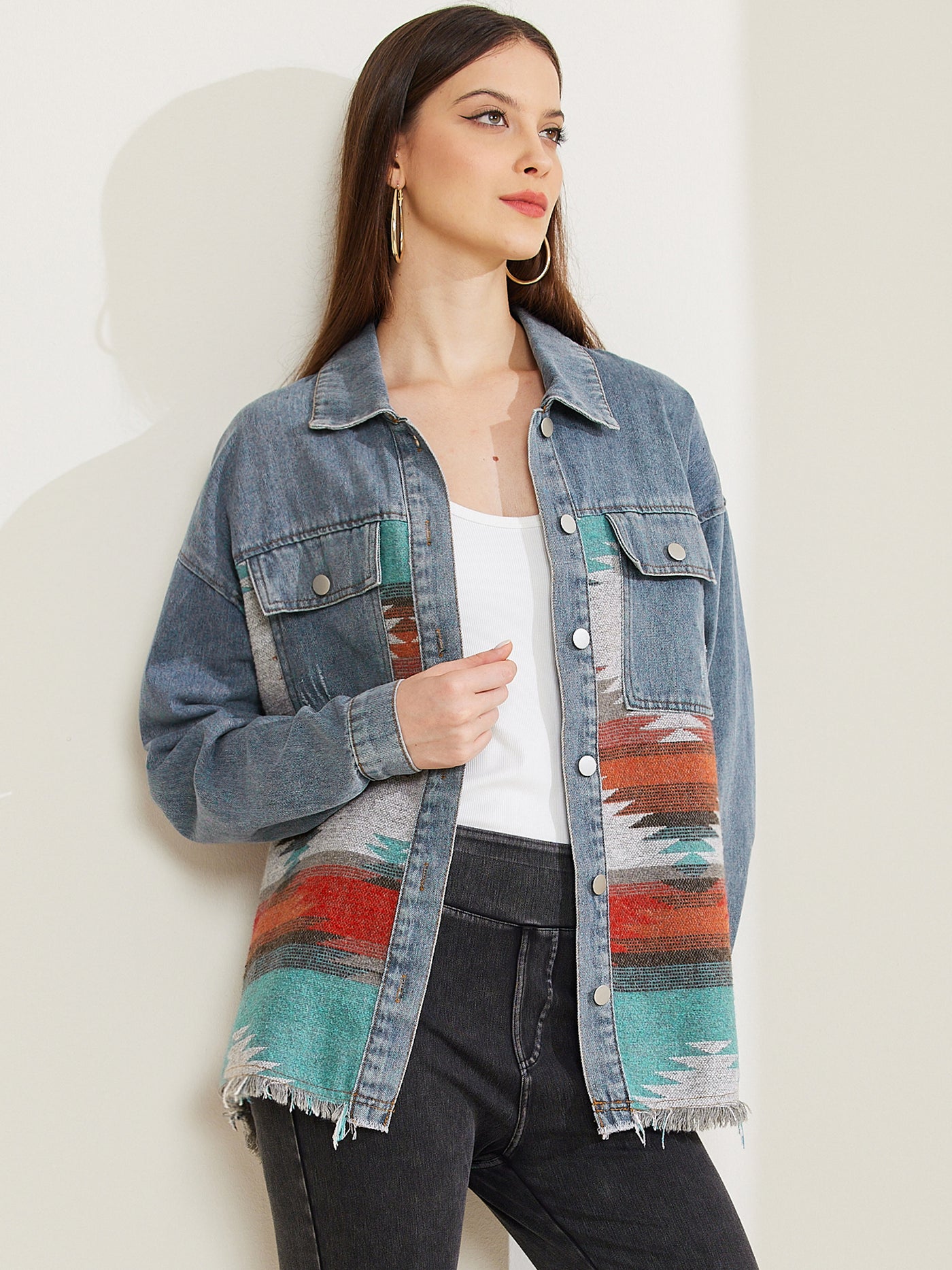 Allegra K Aztec Ethnic Patchwork Denim Long Sleeve Vintage Shacket Jacket