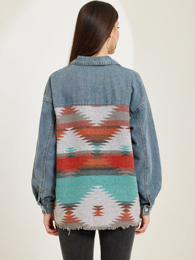 Aztec Ethnic Patchwork Denim Long Sleeve Vintage Shacket Jacket