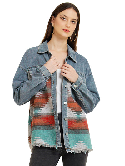 Aztec Ethnic Patchwork Denim Long Sleeve Vintage Shacket Jacket