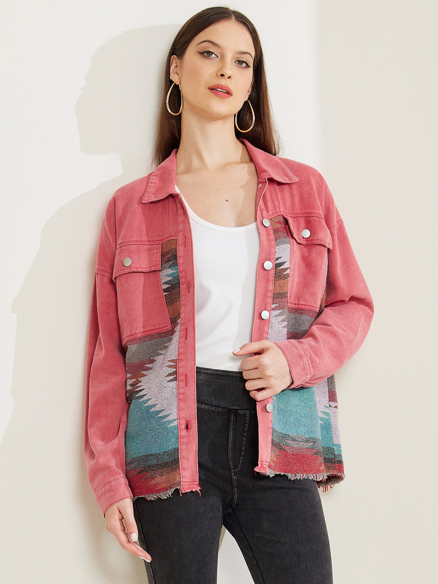 Allegra K Aztec Ethnic Patchwork Denim Long Sleeve Vintage Shacket Jacket