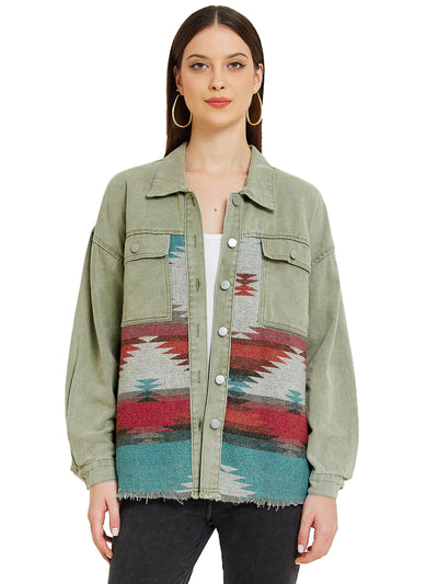 Aztec Ethnic Patchwork Denim Long Sleeve Vintage Shacket Jacket