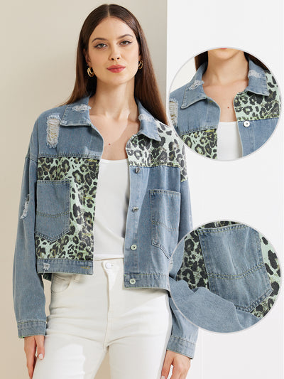 Long Sleeve Leopard Patchwork Cropped Denim Jean Jacket