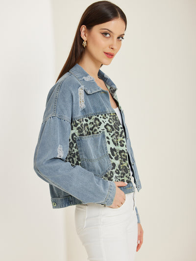 Long Sleeve Leopard Patchwork Cropped Denim Jean Jacket