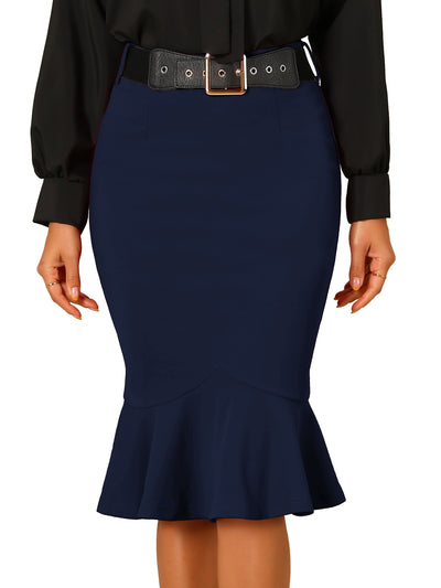 High Waisted Peplum Pencil Work Business Belted Fishtail Skirt