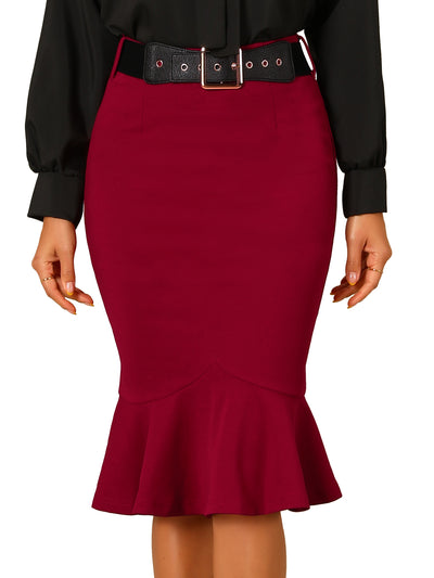 High Waisted Peplum Pencil Work Business Belted Fishtail Skirt