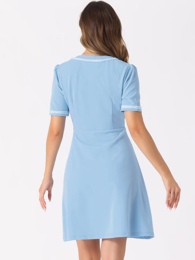 V Neck Half Placket Short Sleeve Textured A-Line Midi Dress