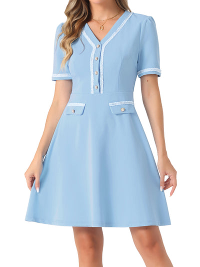 V Neck Half Placket Short Sleeve Textured A-Line Midi Dress