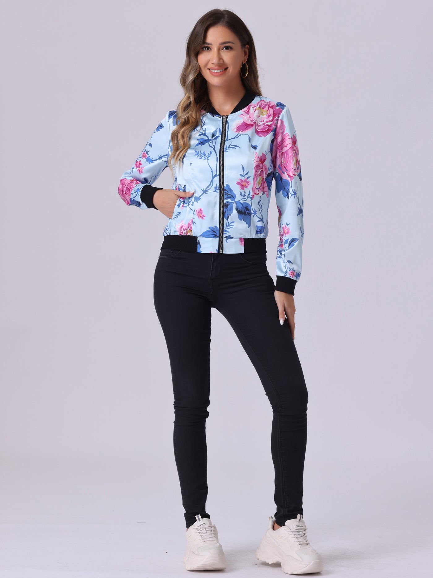 Allegra K Stand Collar Zip Up Floral Print Bomber Jacket