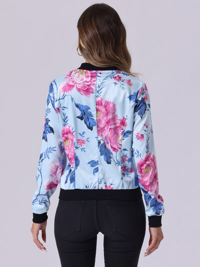 Stand Collar Zip Up Floral Print Bomber Jacket