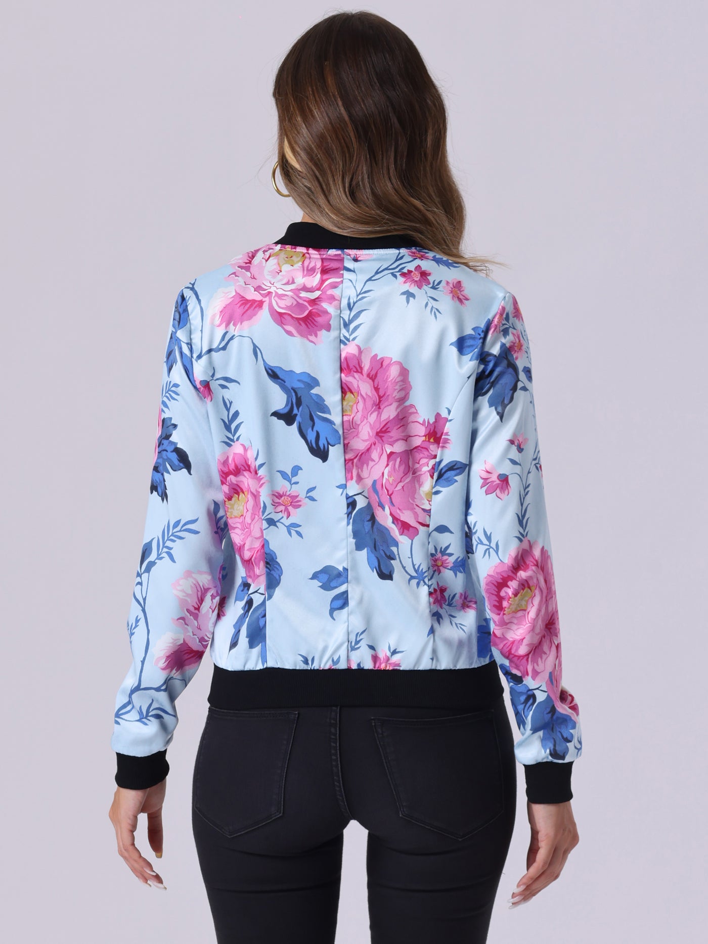 Allegra K Stand Collar Zip Up Floral Print Bomber Jacket