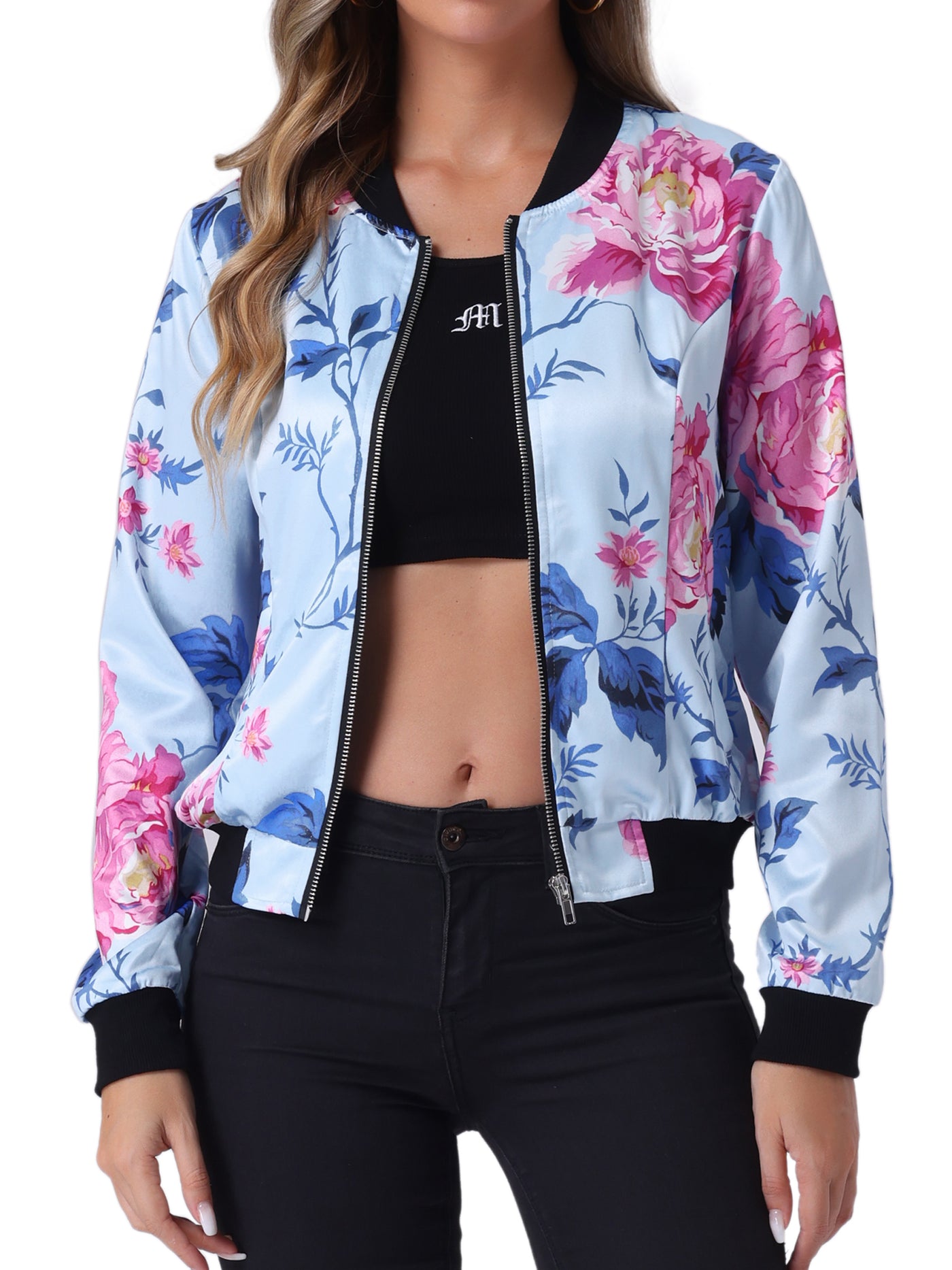 Allegra K Stand Collar Zip Up Floral Print Bomber Jacket