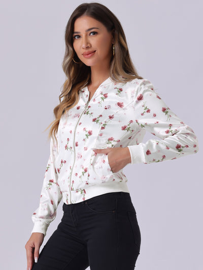 Stand Collar Zip Up Floral Print Bomber Jacket