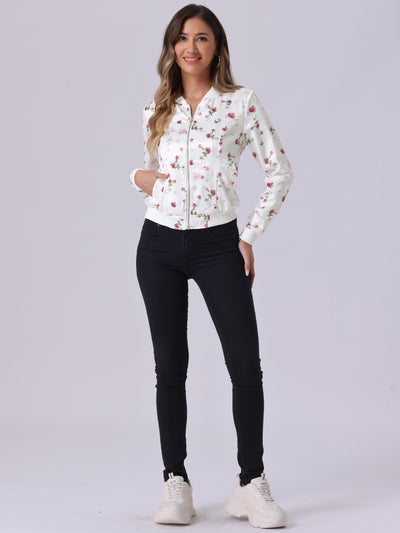 Stand Collar Zip Up Floral Print Bomber Jacket