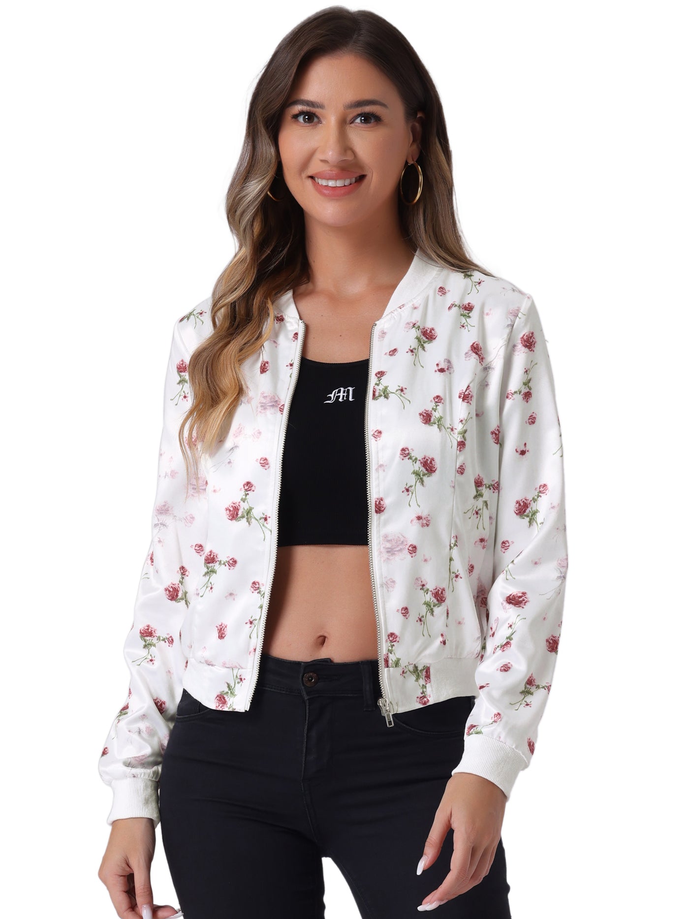 Allegra K Stand Collar Zip Up Floral Print Bomber Jacket