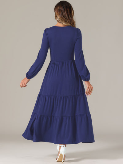 Crew Neck Long Sleeve Pockets Tiered A-Line Maxi Dress