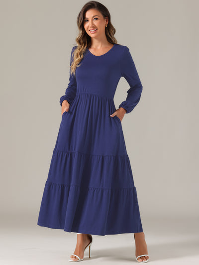 Crew Neck Long Sleeve Pockets Tiered A-Line Maxi Dress