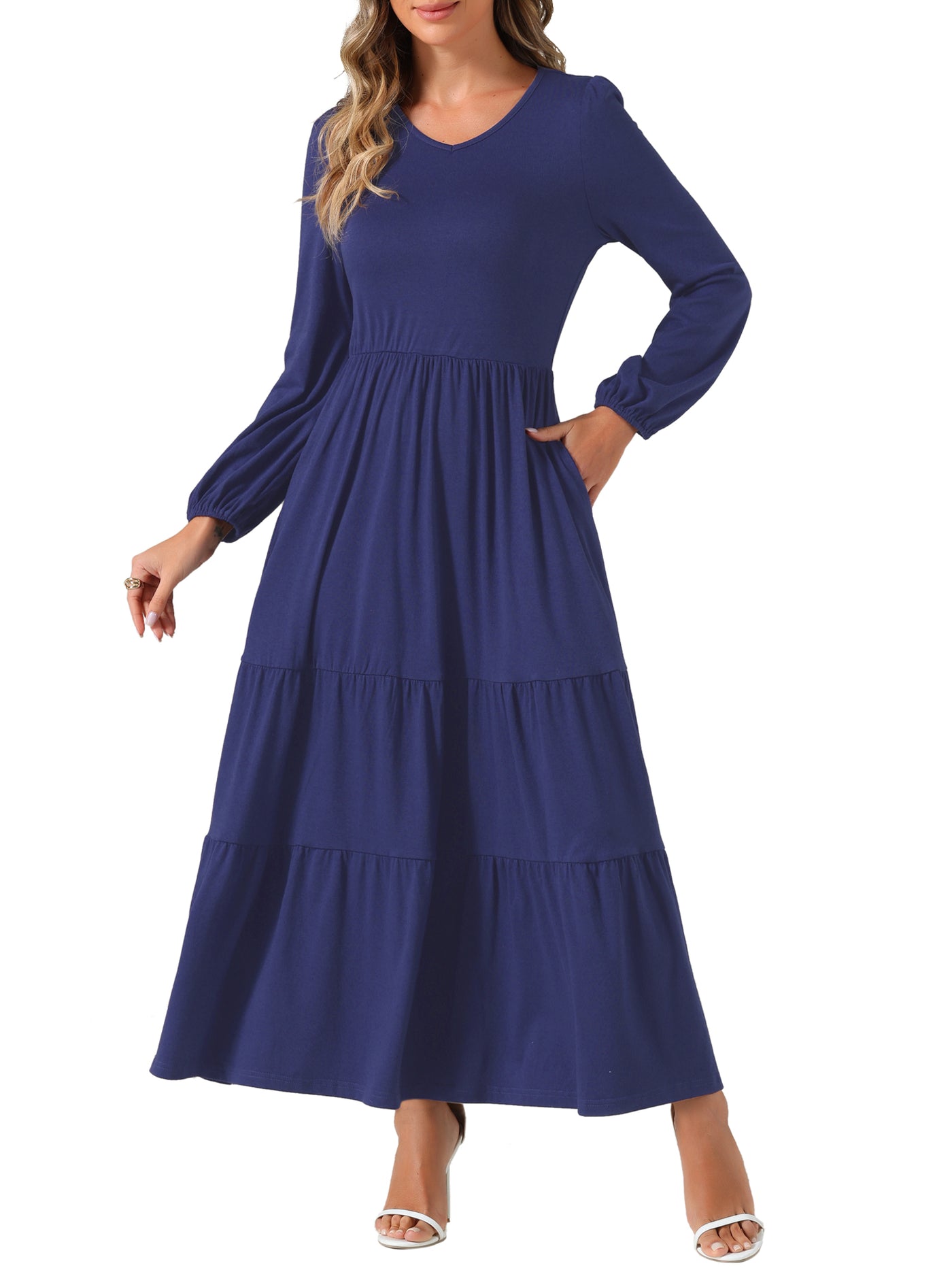 Allegra K Crew Neck Long Sleeve Pockets Tiered A-Line Maxi Dress