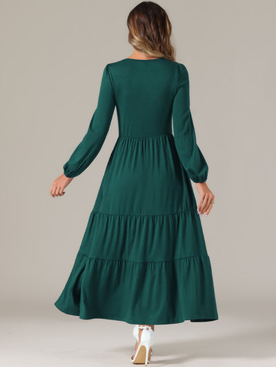 Crew Neck Long Sleeve Pockets Tiered A-Line Maxi Dress