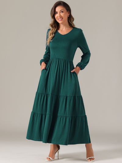 Crew Neck Long Sleeve Pockets Tiered A-Line Maxi Dress