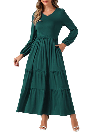 Crew Neck Long Sleeve Pockets Tiered A-Line Maxi Dress