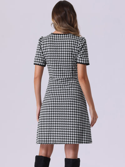 Houndstooth Puff Sleeves Round Neck Midi Dress