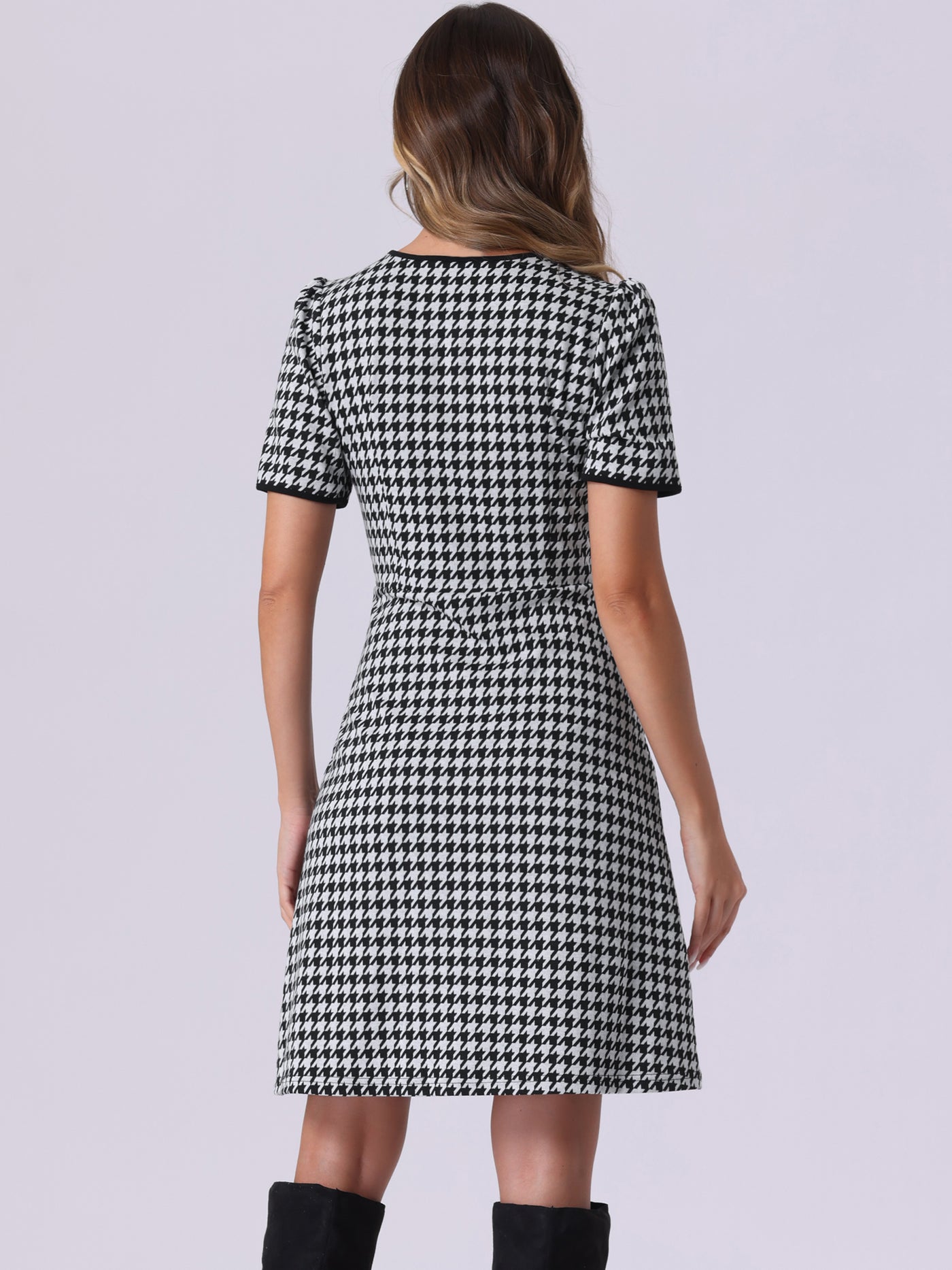 Allegra K Houndstooth Puff Sleeves Round Neck Midi Dress