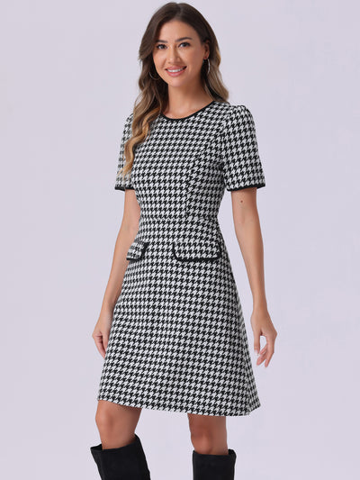 Houndstooth Puff Sleeves Round Neck Midi Dress