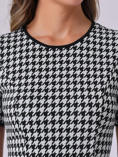 Houndstooth Puff Sleeves Round Neck Midi Dress