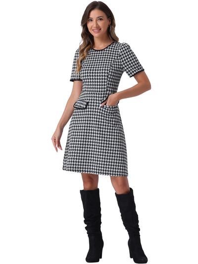 Houndstooth Puff Sleeves Round Neck Midi Dress