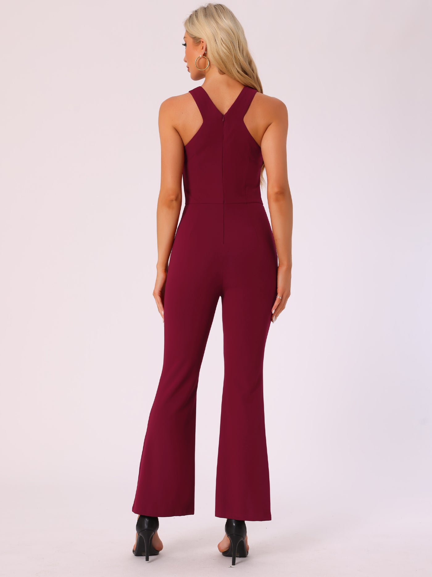 Allegra K Halter Neck Jumpsuits Sleeveless High Waist Split Hem Flare Leg Elegant Jumpsuit