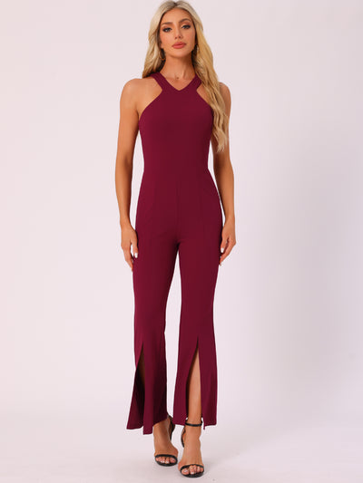 Halter Neck Jumpsuits Sleeveless High Waist Split Hem Flare Leg Elegant Jumpsuit