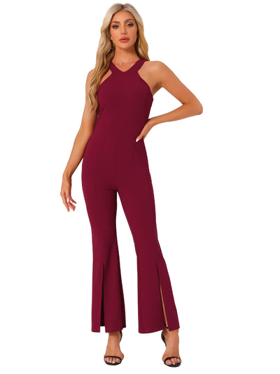 Halter Neck Jumpsuits Sleeveless High Waist Split Hem Flare Leg Elegant Jumpsuit