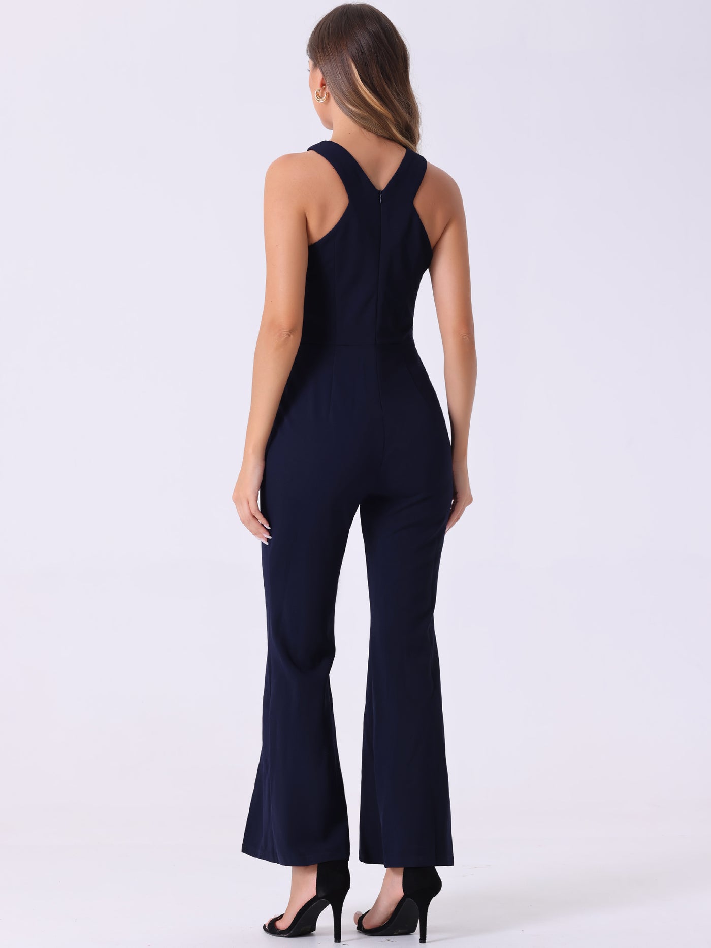 Allegra K Halter Neck Jumpsuits Sleeveless High Waist Split Hem Flare Leg Elegant Jumpsuit