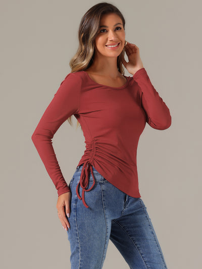 Drawstring Ruched Round Neck Long Sleeve Irregular Hem Basic T-shirt