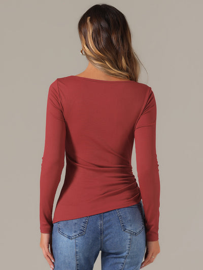 Drawstring Ruched Round Neck Long Sleeve Irregular Hem Basic T-shirt