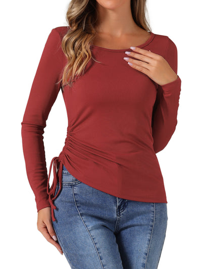 Drawstring Ruched Round Neck Long Sleeve Irregular Hem Basic T-shirt