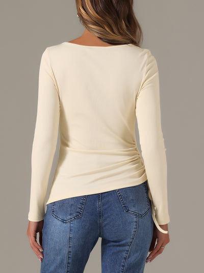 Drawstring Ruched Round Neck Long Sleeve Irregular Hem Basic T-shirt