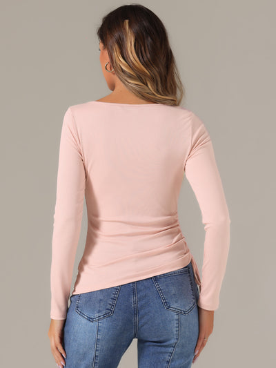 Drawstring Ruched Round Neck Long Sleeve Irregular Hem Basic T-shirt