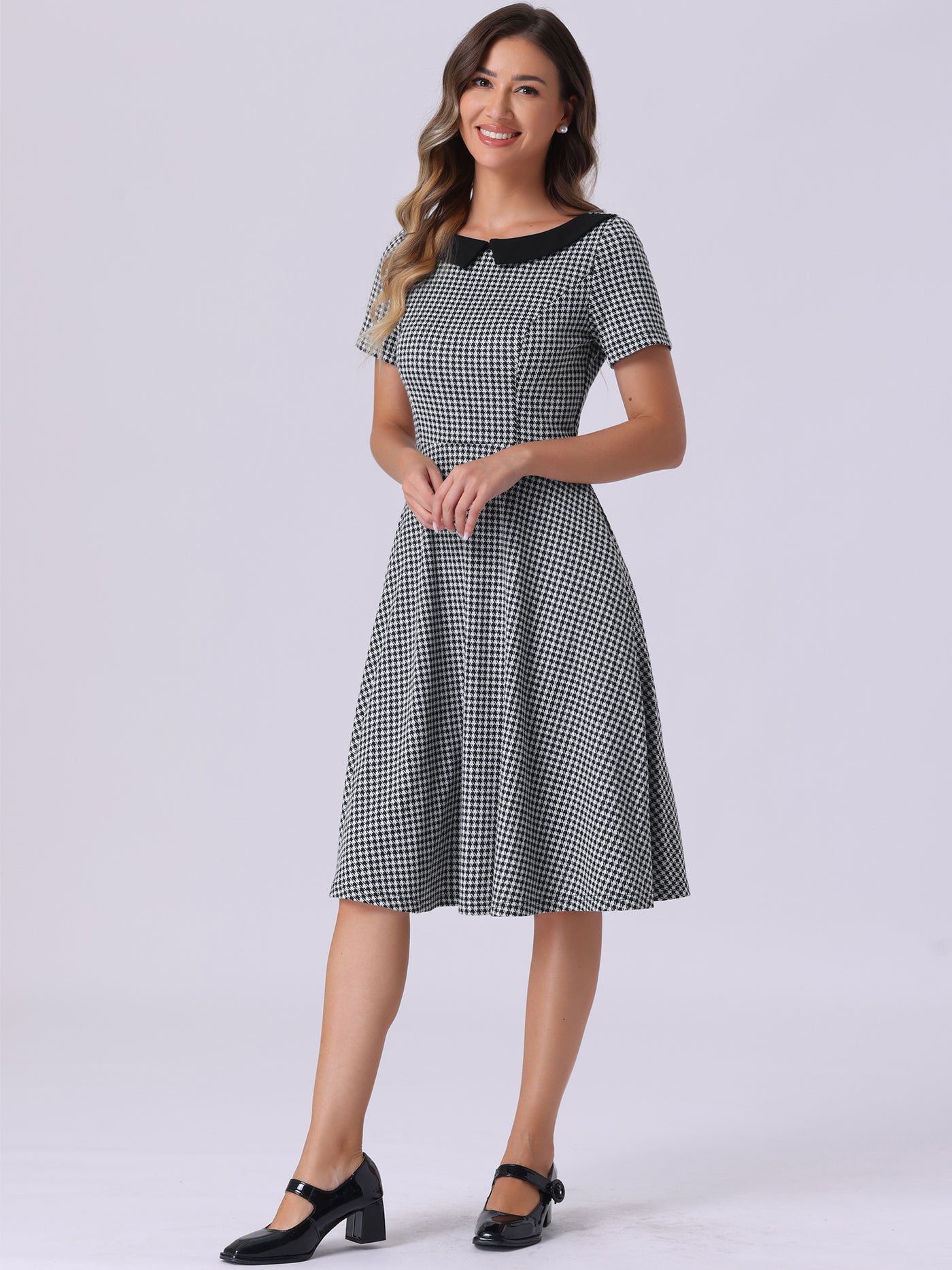 Allegra K Houndstooth Vintage Peter Pan Collar Short Sleeve A-Line Dress