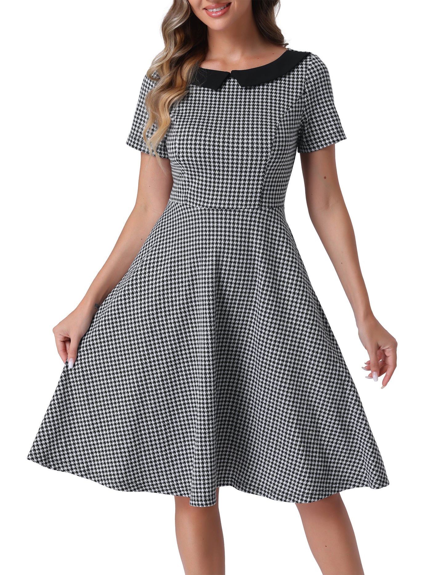 Allegra K Houndstooth Vintage Peter Pan Collar Short Sleeve A-Line Dress